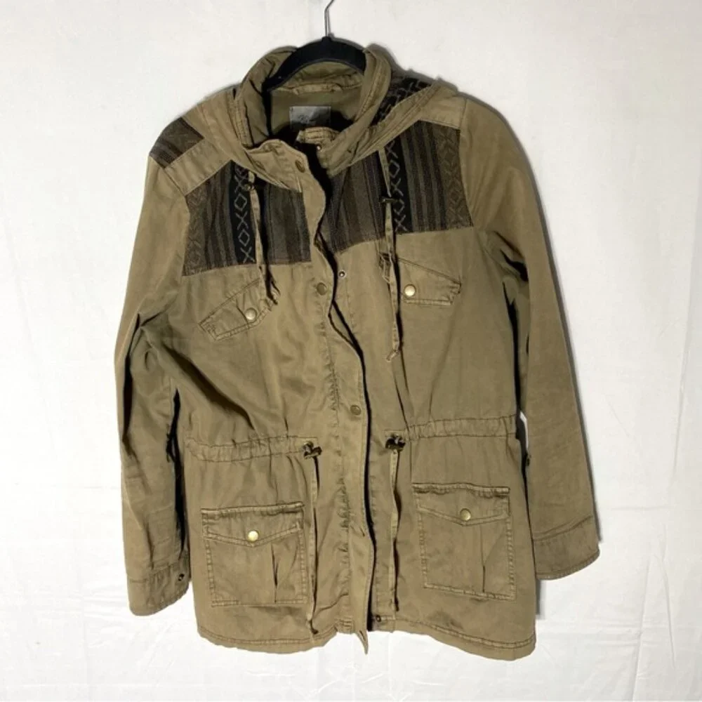 Kismet Tan With Black Southwestern Print Trim Utility Jacket L - Picture 16 of 16